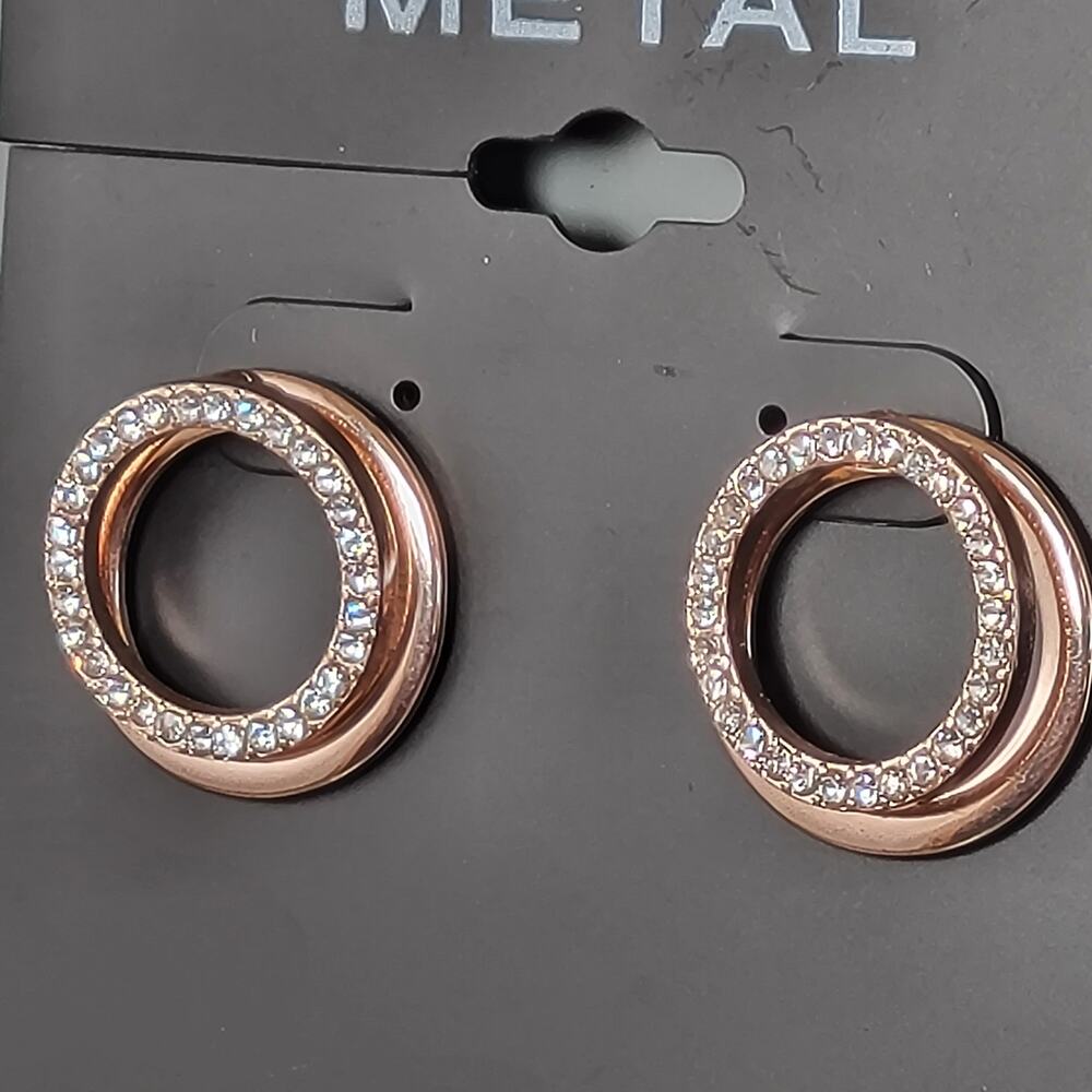 Rose Gold Circle Earrings with Crystal Accents, Metal Studs, Classic Style